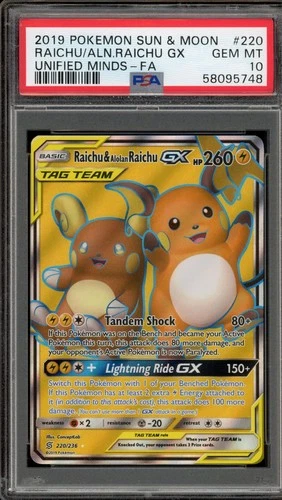 Pokemon Raichu & Alolan Raichu Gx Unified Minds Full Art 220/236 PSA 10 Gem Mint