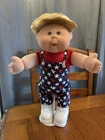 2000s Cabbage Patch Kid Blonde Cornsilk Hair Blue Eyes Toothy Patriotic Overalls