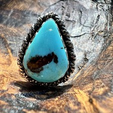 925 Sterling Silver Kingman Turquoise Teardrop Ring   Size 9   Wide Band