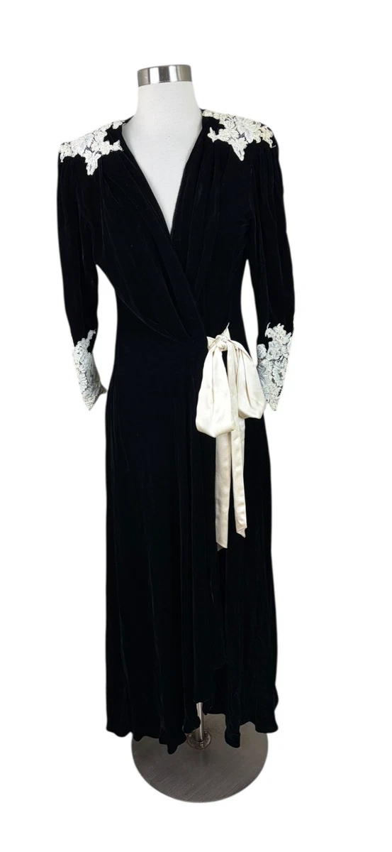 knee length dresses for ladies 1940's Black Chiffon Long Sleeve Robe – Eveliina Vintage