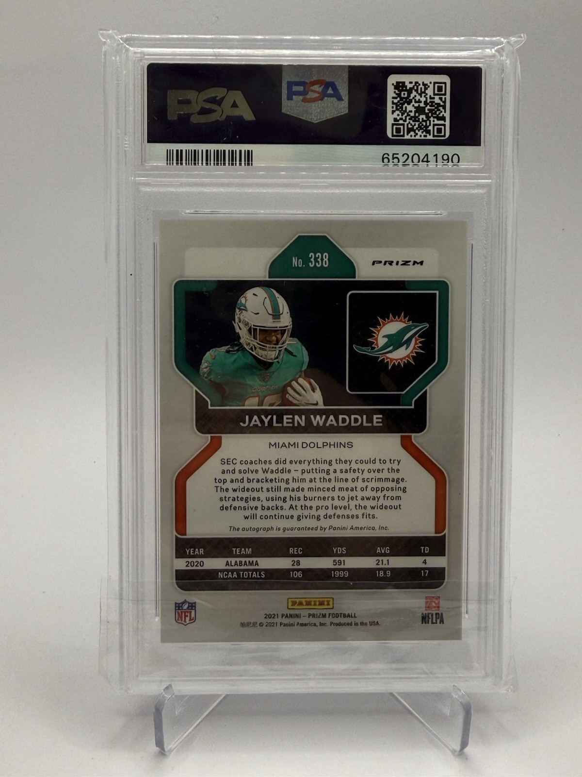 2021 Prizm Silver Jaylen Waddle Auto RC PSA 9 Broncos view 2