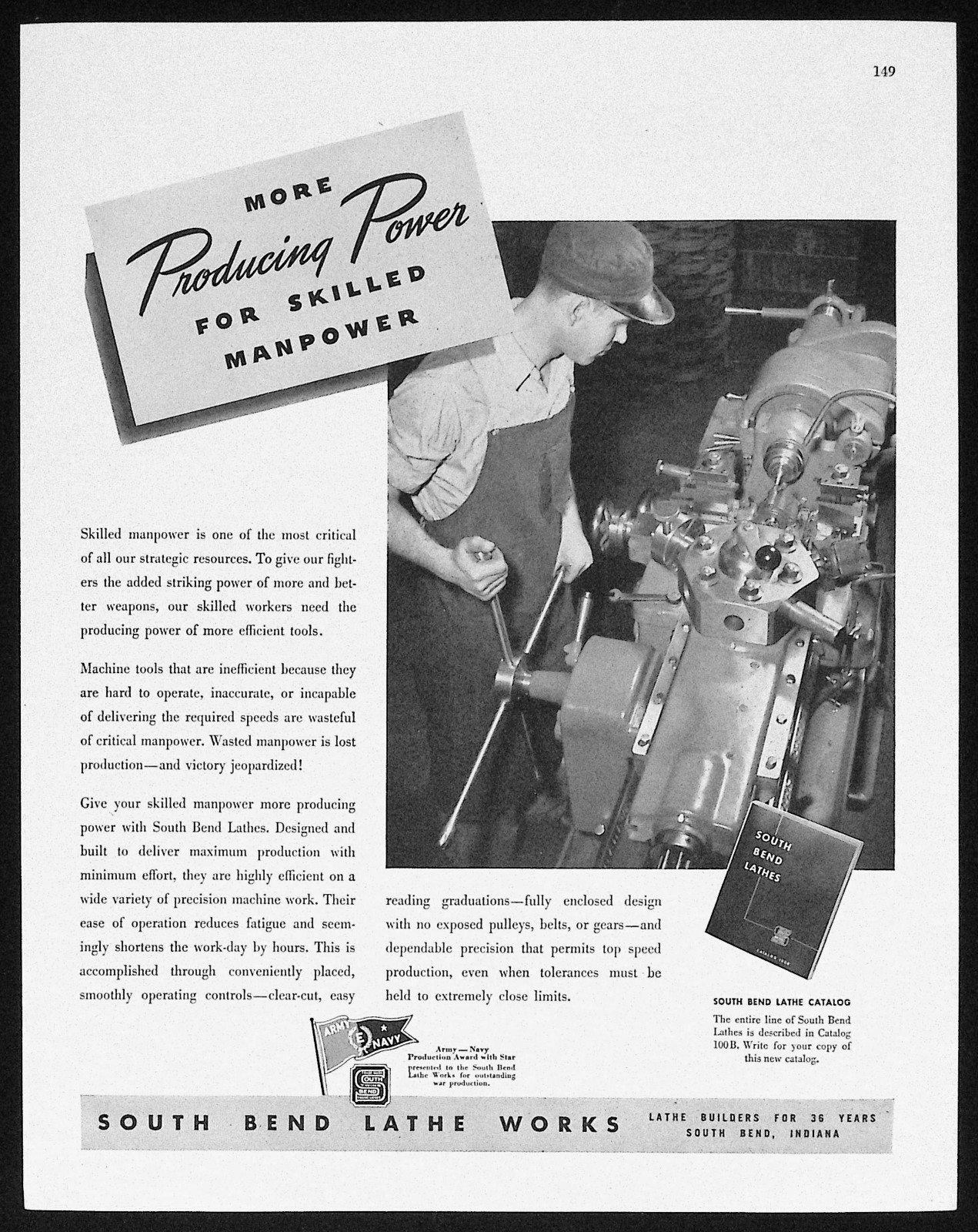 1943 South Bend Lathe Works ad Producing Power for Manpower