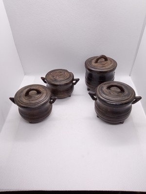 Set of 4 Vintage Hand-Carved Ebony Wood Miniature Pots/Containers (c. 1970) - Un