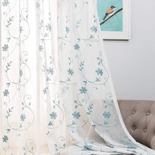 Blue Sheer Curtains 84 Inches Long, Floral Embroidered Rod Pocket Sheer Drape...