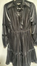 Kate and Sam Dark Gray Crushed Velvet Long Sleeve Tiered Midi Dress Sz Small