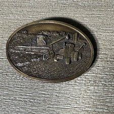 Vintage 1977 Farm Scene Tractor Combine Bergamot Brass Belt Buckle 0-49 USA