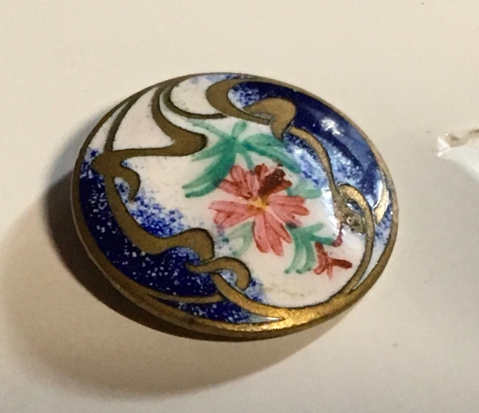 Antique French Enamel Button Champleve Art Nouveau Swirling Hand Painted Flowers - Image 2 of 4