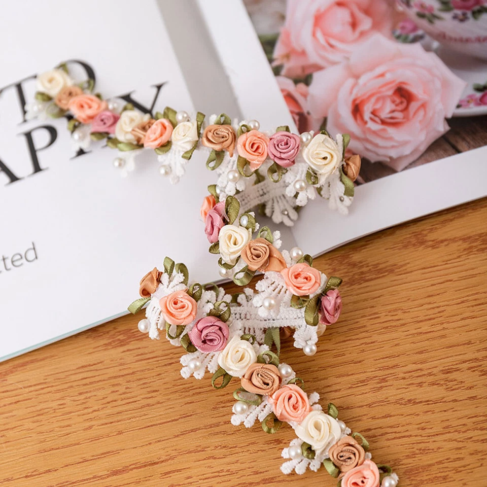 1-5 yards Embroidered Flower Pearl Beads Lace Trim Ribbon Applique Sewing Craft - Image 2 of 4