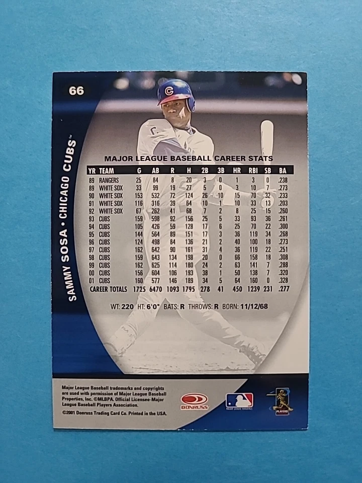 SAMMY SOSA 2001 DONRUSS CLASS OF 2001 BASEBALL CARD # 66 H4640 - Image 2 of 2