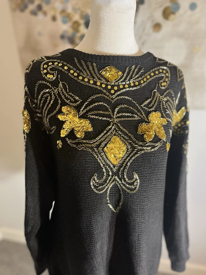 Suéter mediano Western Collection vintage años 80 para mujer lentejuelas negras con cuentas Foto 2 de 4