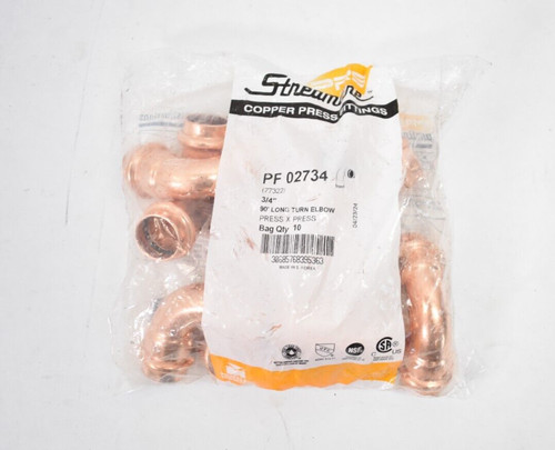 PRS Streamline Copper Press Fittings 90ยฐ Long Turn Elbow PF 02734 Lot of 10