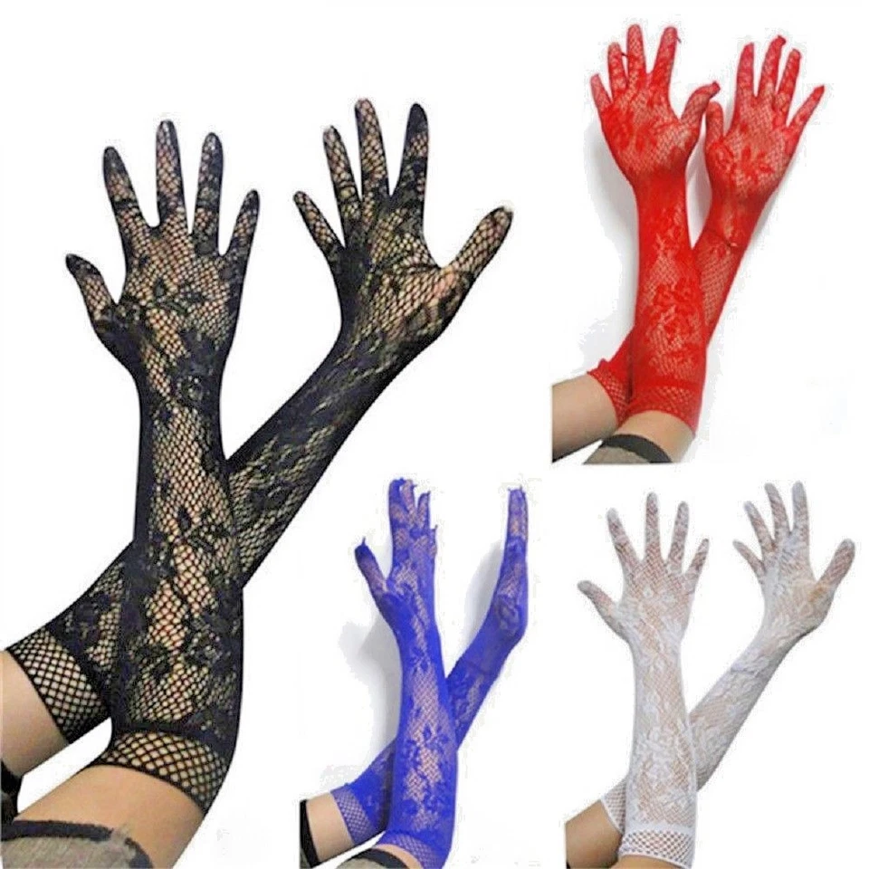 GUANTES DE ENCAJE largos florales elásticos de malla góticos/steampunk para damas negros/rojos/blancos✿ Foto 4 de 4