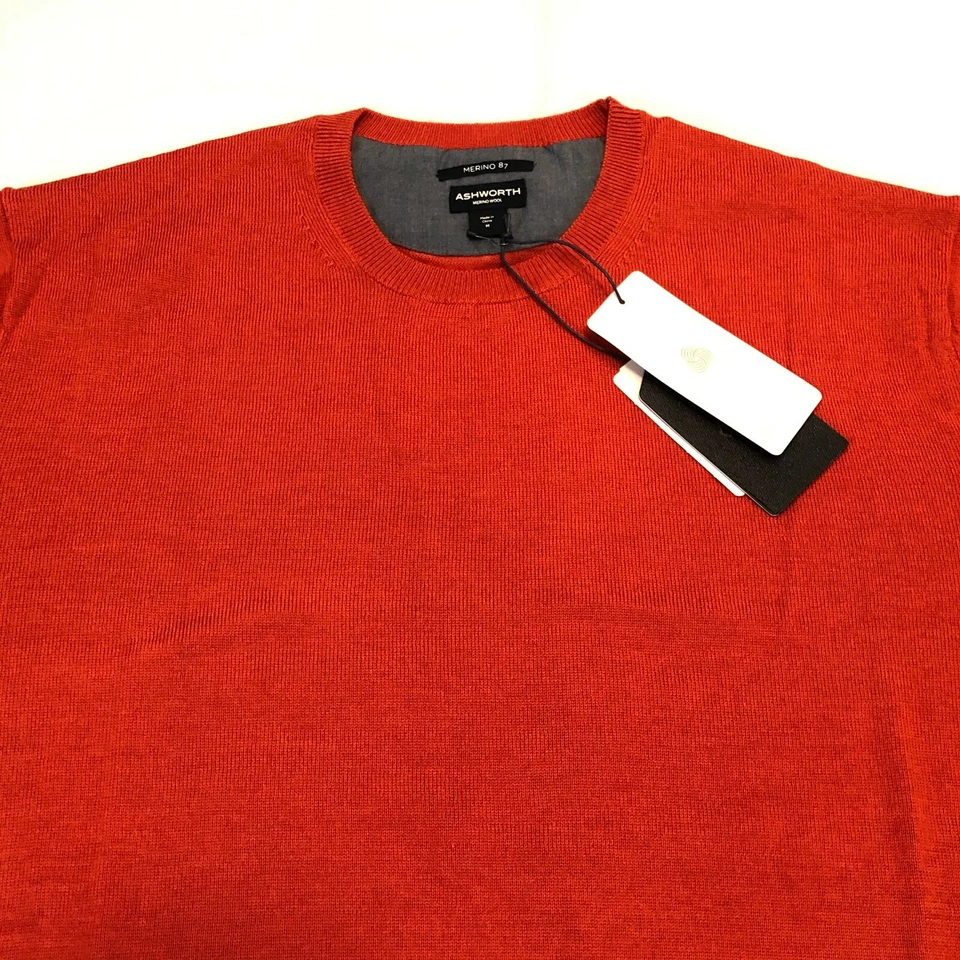 Ashworth Merino 87 圆领高尔夫毛衣男式 M 码-火焰红色羊毛 AE5533 — 第 3/4 张图片