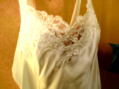 LINEA DONATELLA White Pearls lace XL Silky sissy Satin gown slip Nightgown 42' b
