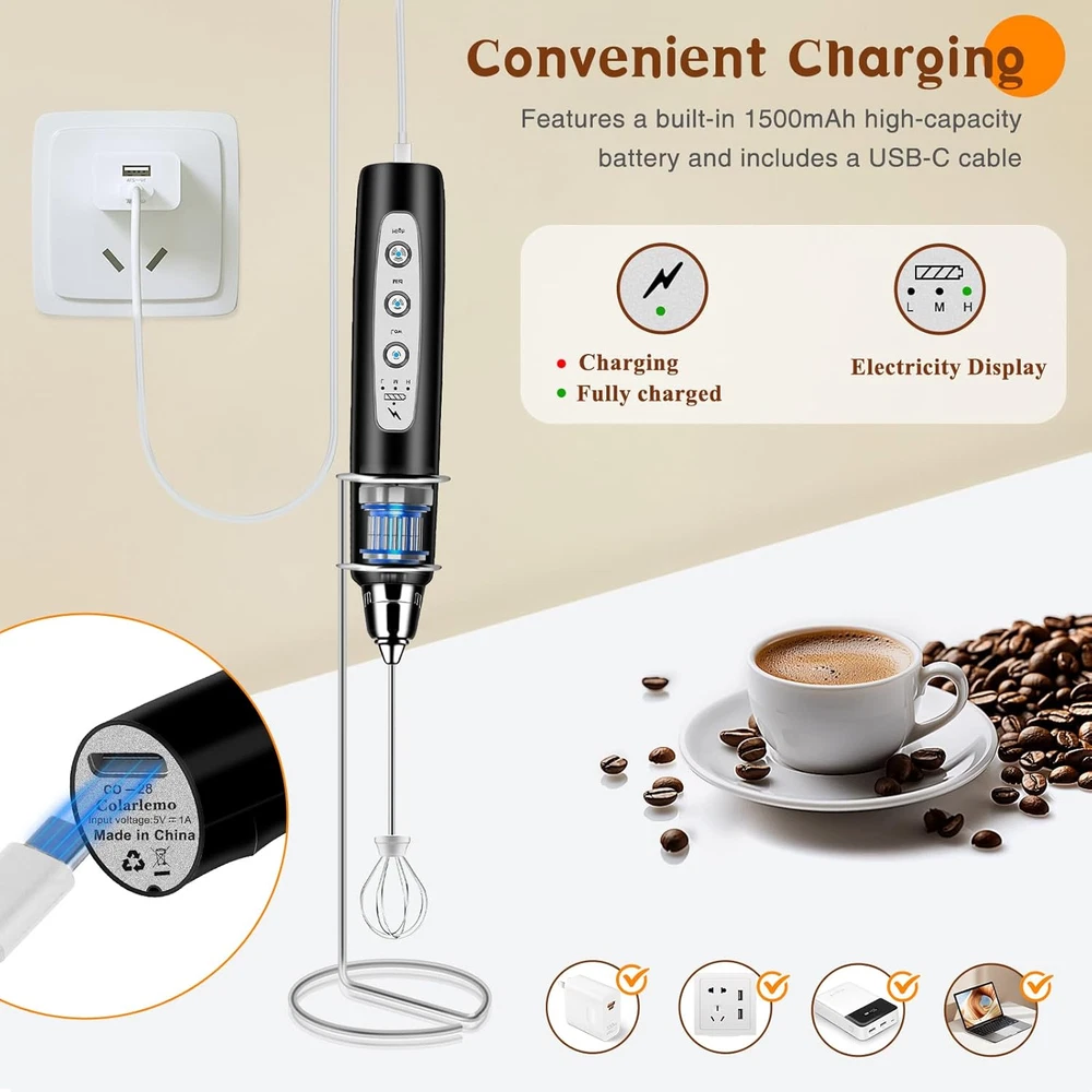Milk Frother Handheld Rechargeable with Stand, Frother Wand Drink Mixer Electric