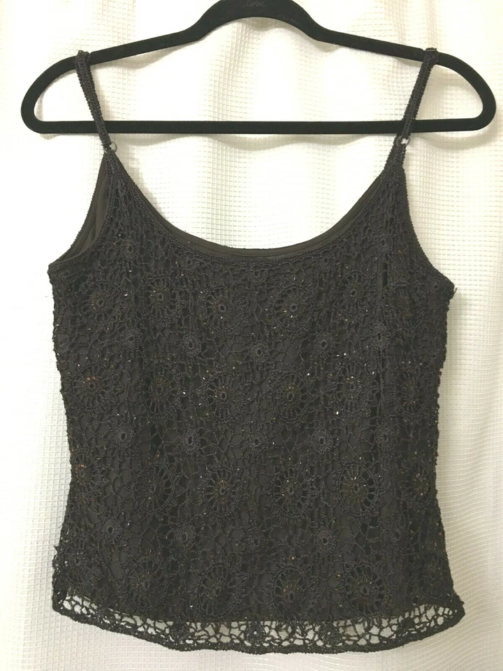 Carmen Marc Valvo Top Brown Stretch Lace Beaded Camisole Top Size Large A9 Foto 3 de 4