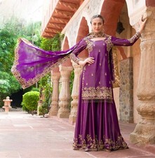 Latest Pure Roman Shimmer Slk Purple Top Palazzo And Dupatta For Wedding Wear