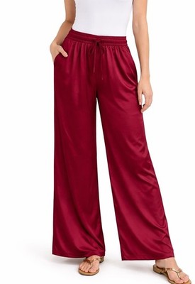 Max Studios Wide Leg Pants M Burgundy Satin Elastic Waist Drawstring NWT