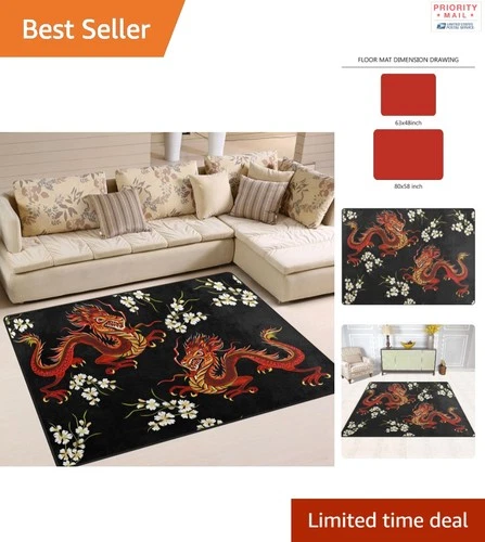 Floral Dragon Area Rug Durable Cotton 80 x 150 cm Perfect for Living Room