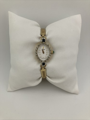#ad #ad Vtg Pulsar Ladies 15mm Watch Gold Tone Diamond Green Gemstone White Dial RUNS $79.99