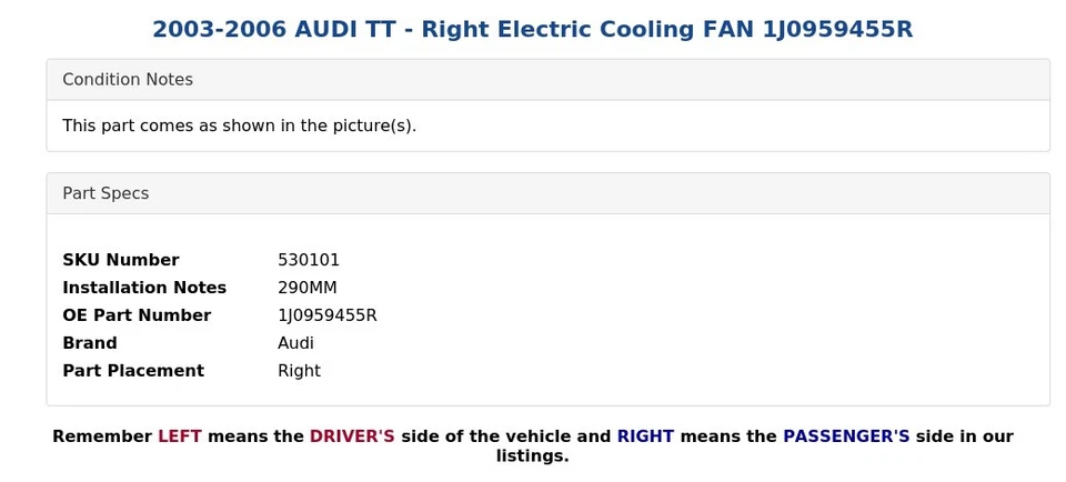 AUDI TT 2003-2006 - Ventilador de refrigeración eléctrico derecho 1J0959455R Foto 3 de 4