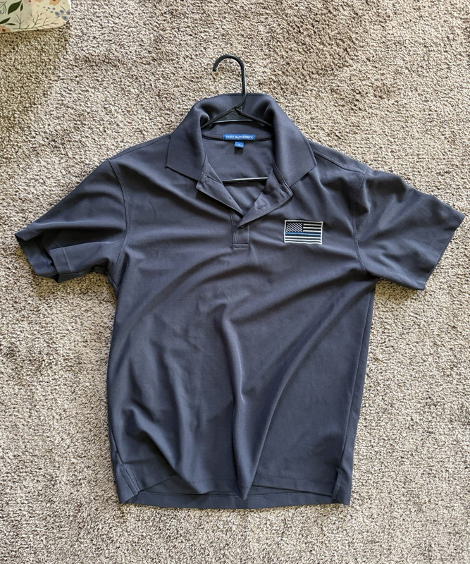 Port Authority Men's M Gray Polo Embroidered Thin Blue Line USA Flag Logo