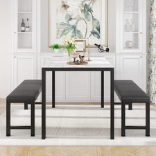 Modern 3-Piece Rectangular Dining Table 2 Upholstered Padded Dining Benches
