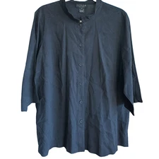 Citron Top Womens 1X Black  Silk Linen Blend Button Boho Tunic Artsy