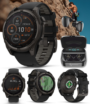 Garmin fenix 8 47 mm Titanium Sapphire Solar Smartwatch Gray w/ Black EarBuds