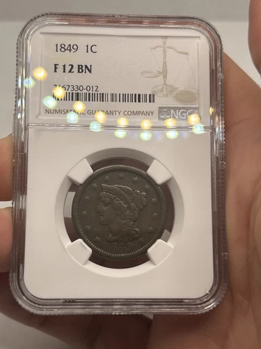 1849 1c Braided Hair Large Cent NGC F-12! Looks VF! Rare Type Coin