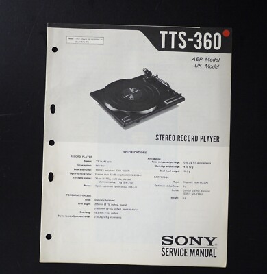 Original SONY TTS-360 Turntable Service Manual / Service Anleitung S-1