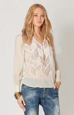 NEW Liberty Garden Long Sleeve Chiffon Lace Blouse w Suede Patch XS S 5PHW2825