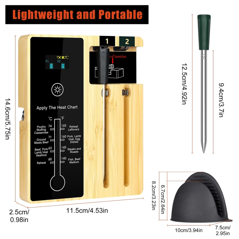 Kitcanis Meat Thermometer Wireless, 2 Probe 572FT Long Range Bluetooth Meat T...