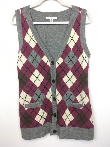 Cabi Womens Wool Blend Grey Argyle Vest 
