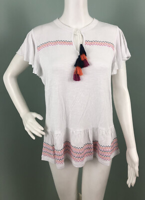 NWT Women's Neiman Marcus White Embroidered Tassel Tie Top Sz Large