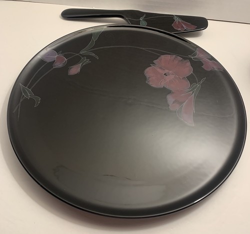 SALE MIKASA TANGO 12 1/4" CAKE PLATE PLATTER BLACK FLORAL With Server - Picture 8 of 23