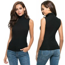 Women Basic Turtle Neck Sleeveless Top Fitted T-Shirt Solid Soft Stretch Knit US