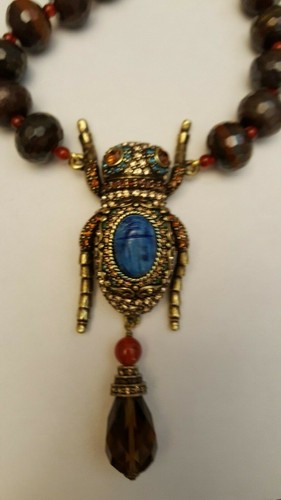 Heidi Daus "Sparkling Scarab" Simulated Tiger's Eye Beaded Drop Necklace NIB - Picture 2 of 5