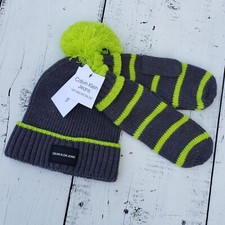 Calvin Klein Boys Green Gray Striped Logo Beanie Hat Glove Set Sz 5-8, 8-16 NEW