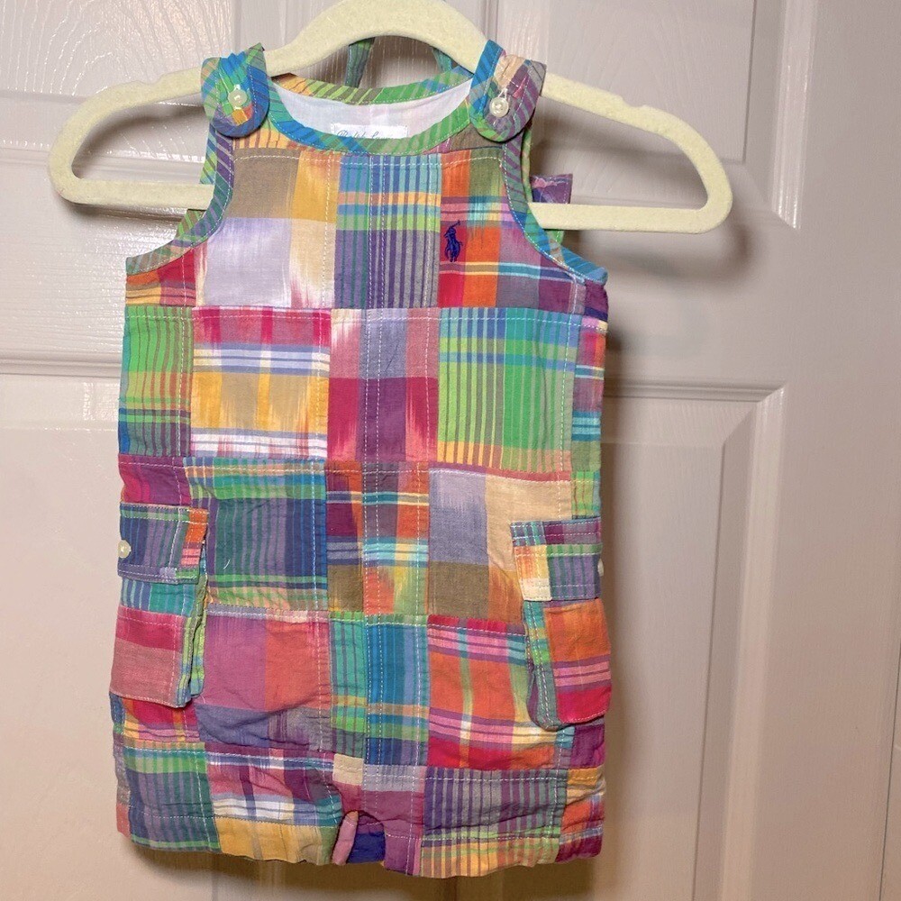 NWT Polo Ralph Lauren Baby Boy Madras Patchwork Romper with Matching Hat Preppy image 5