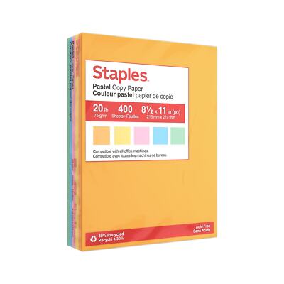 Staples Recycled Pastel Multipurpose Paper 20 lbs. 8.5'' x 11'' Assorted Colors