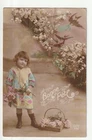 FANCY Card - Old Postcard - Girl Flowers Happy Birthday - Lightweight High Fold