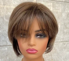 Short Bob Straight Brown Mix Human Hair Blend Heat Ok Wig Women Soft Natural