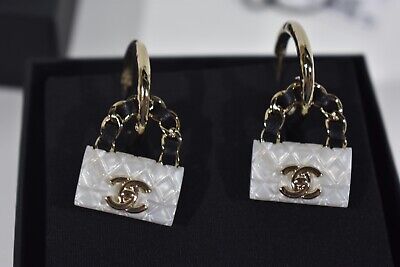 Chanel 23C Pearly White Black Quilted Bag Gold CC Logo Dangle Drop Hoop  Earrings