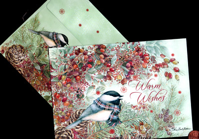 HTF Christmas Chickadee Bird Berries Branch - Large - Greeting Card