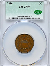 1870 2C Large Motto XF40 2 Cent CAC GRADED COIN #2698