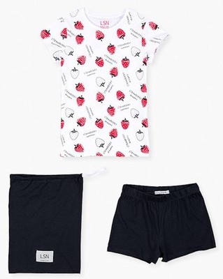 Losan Mädchen 3tlg. Shorty Pyjama kurz Erdbeeren weiß marine