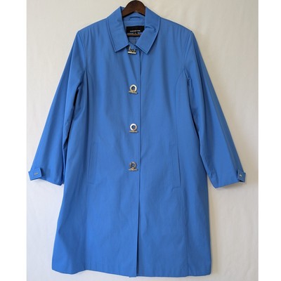 Jones New York Womens XL Long Trench Rain Coat Sky Blue Pockets Silver Toggle