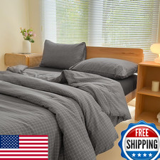 Queen Comforter Set Dark Gray Plaid Bedding Charcoal Grid 3-Piece NSNLGSGC