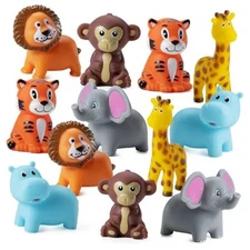 Mini Zoo Animals Bath Toys - (Pack of 12) Vinyl Rubber Jungle Safari 12-Pcs